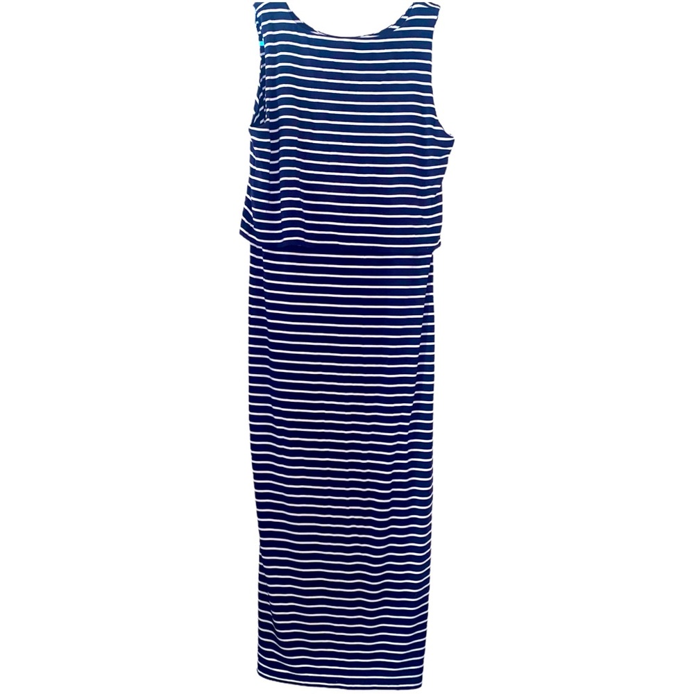 Seraphine- Navy Stripe Maternity & Nursing Midi Dress. Lift up nursing access